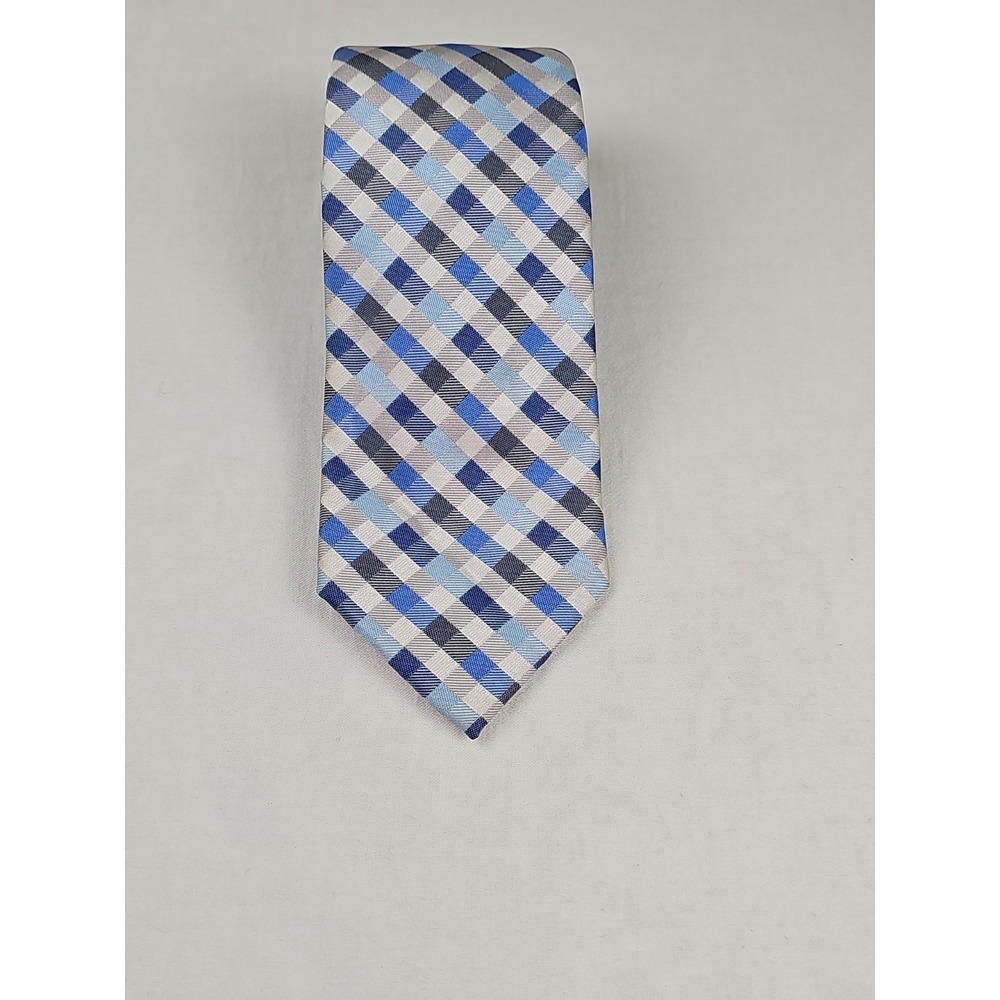 Croft & Barrow Men's Neck Tie 100% Polyester Blue Gray Silver Squares Classic